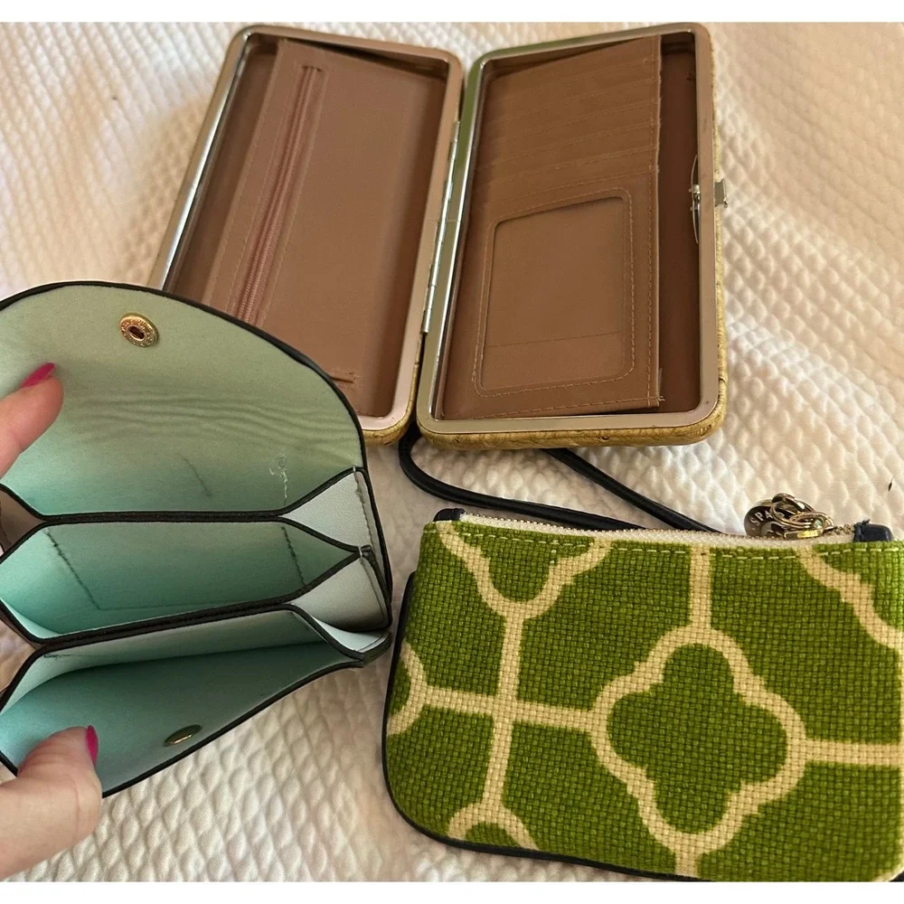 Lot of 3 Wallets Ostrich Embossed Clutch Card Holder and Green ID Wristlet